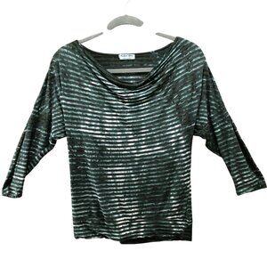 Michael Stars 3/4 Sleeve T Shirt Womens One Size Green Striped Cowl Neck‎ Pima
